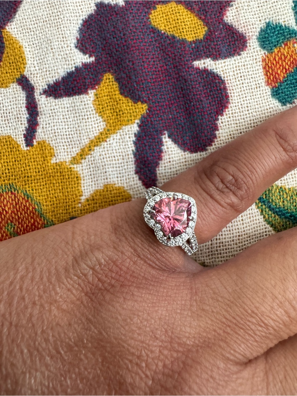Pink Heart 925 Halo Ring with Pavé Band